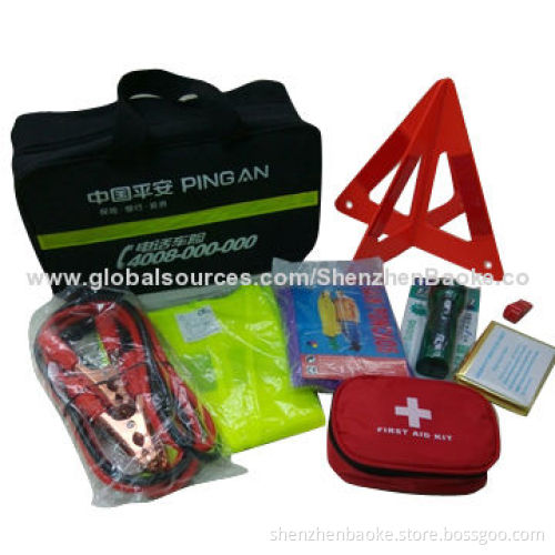 Roadside car emergency kit with first aid supplies